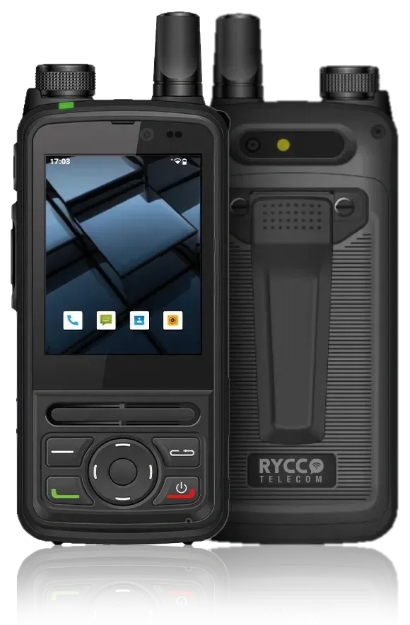 Rádio POC 4G/LTE Estalky E220, com tela touchscreen, e um segundo rádio ao fundo